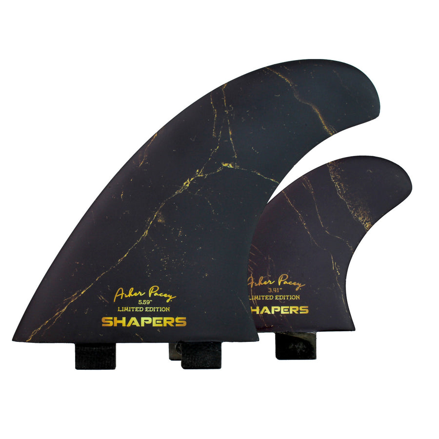 Shapers Fins - AP 5.59" (FCS1) Asher Pacey Twin Fins + Trailer - Limited Edition - Black Gold