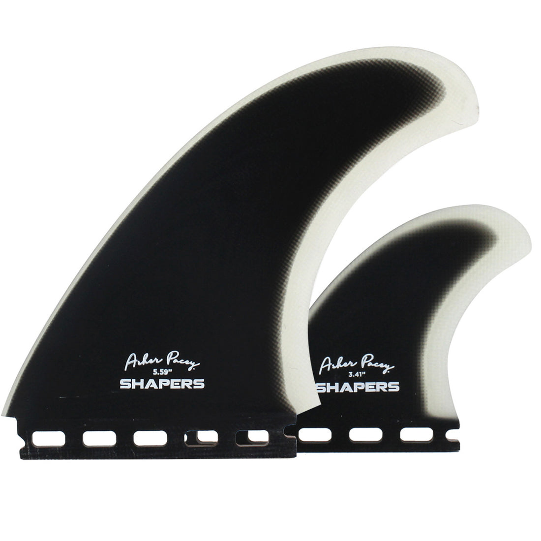 Shapers Fins - AP 5.59" (Futures) Asher Pacey Twin Fins + Trailer - Black/Clear