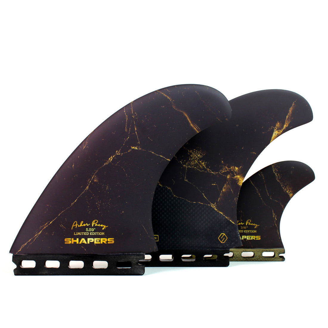 Shapers Fins - AP 5.59" (Single Tab) Asher Pacey Twin Fins + Trailer - Limited Edition - Black Gold