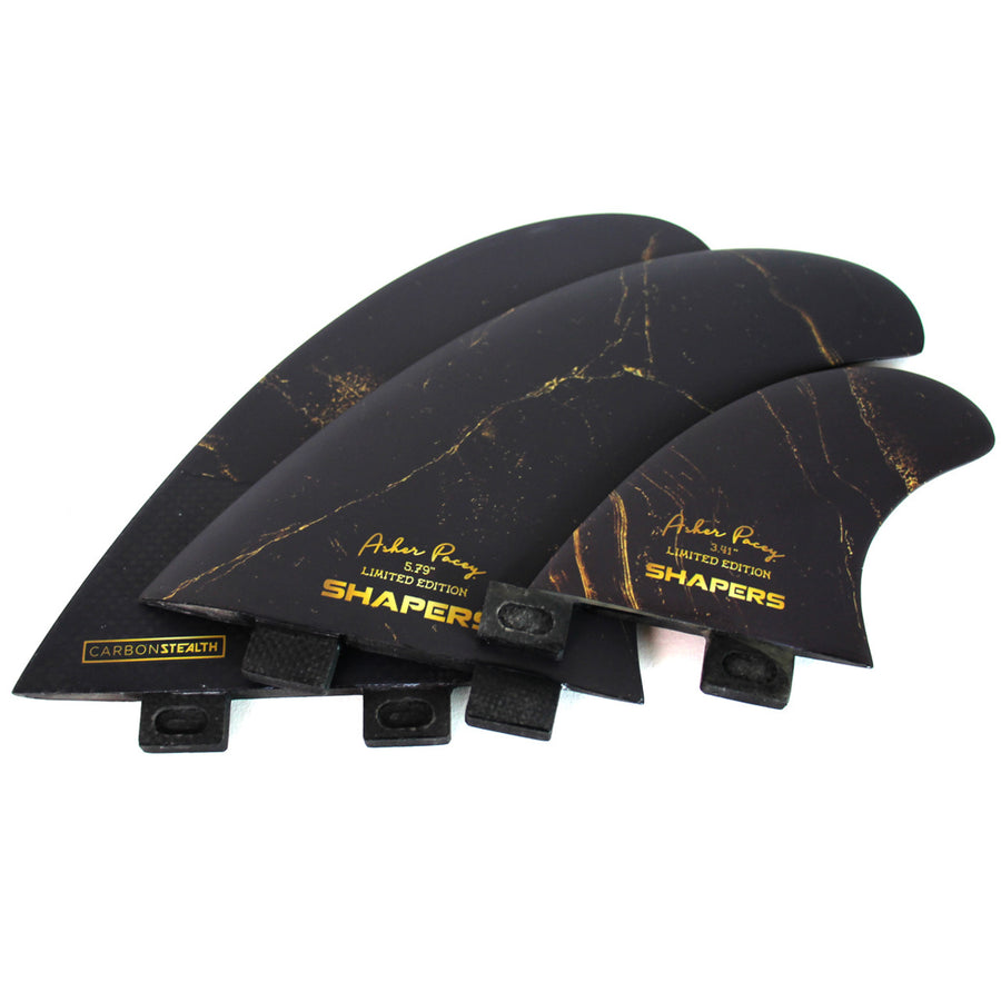 Shapers Fins - AP 5.79" (FCS1) Asher Pacey Twin Fins + Trailer - Black Gold