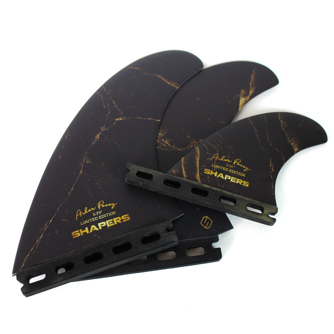 Shapers Fins - AP 5.79" (Single Tab) Asher Pacey Twin Fins + Trailer - Black Gold