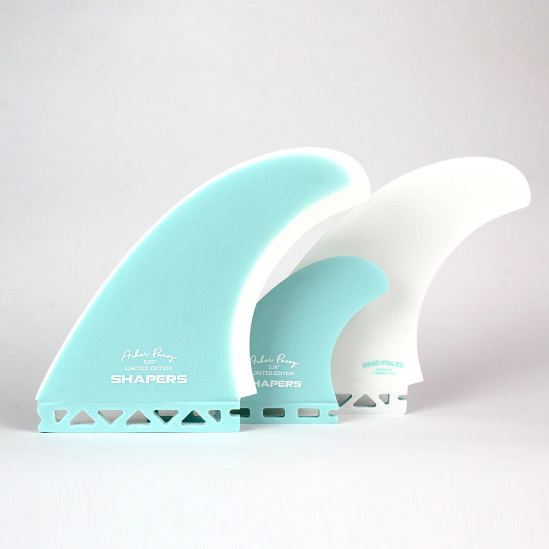 Shapers Fins - AP 5.59" (Futures) Asher Pacey Twin Fins + Trailer - Teal