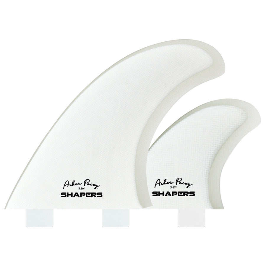 Shapers Fins - AP 5.59" (FCS 1) Asher Pacey Twin Fins + Trailer - White/Clear