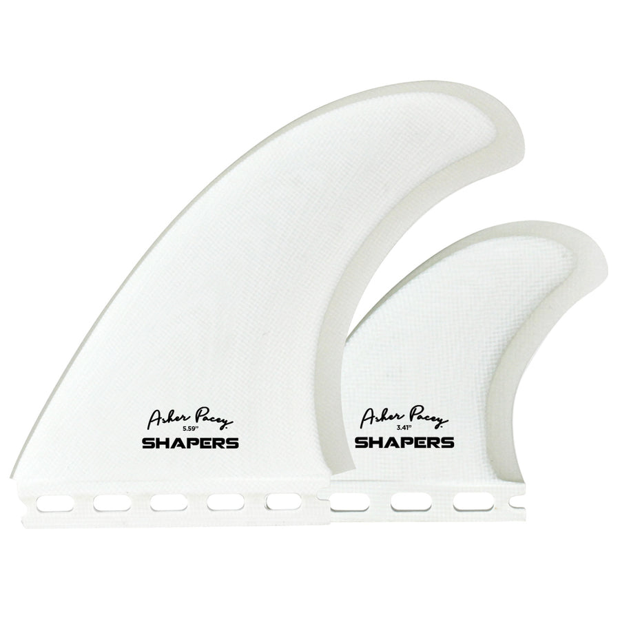 Shapers Fins - AP 5.59" (Futures) Asher Pacey Twin Fins + Trailer - White/Clear